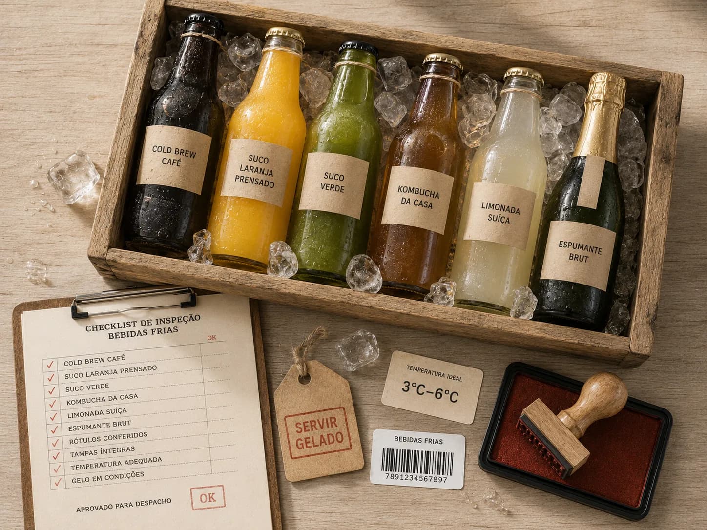 Engradado de madeira com cold brew, sucos prensados, kombucha e espumante