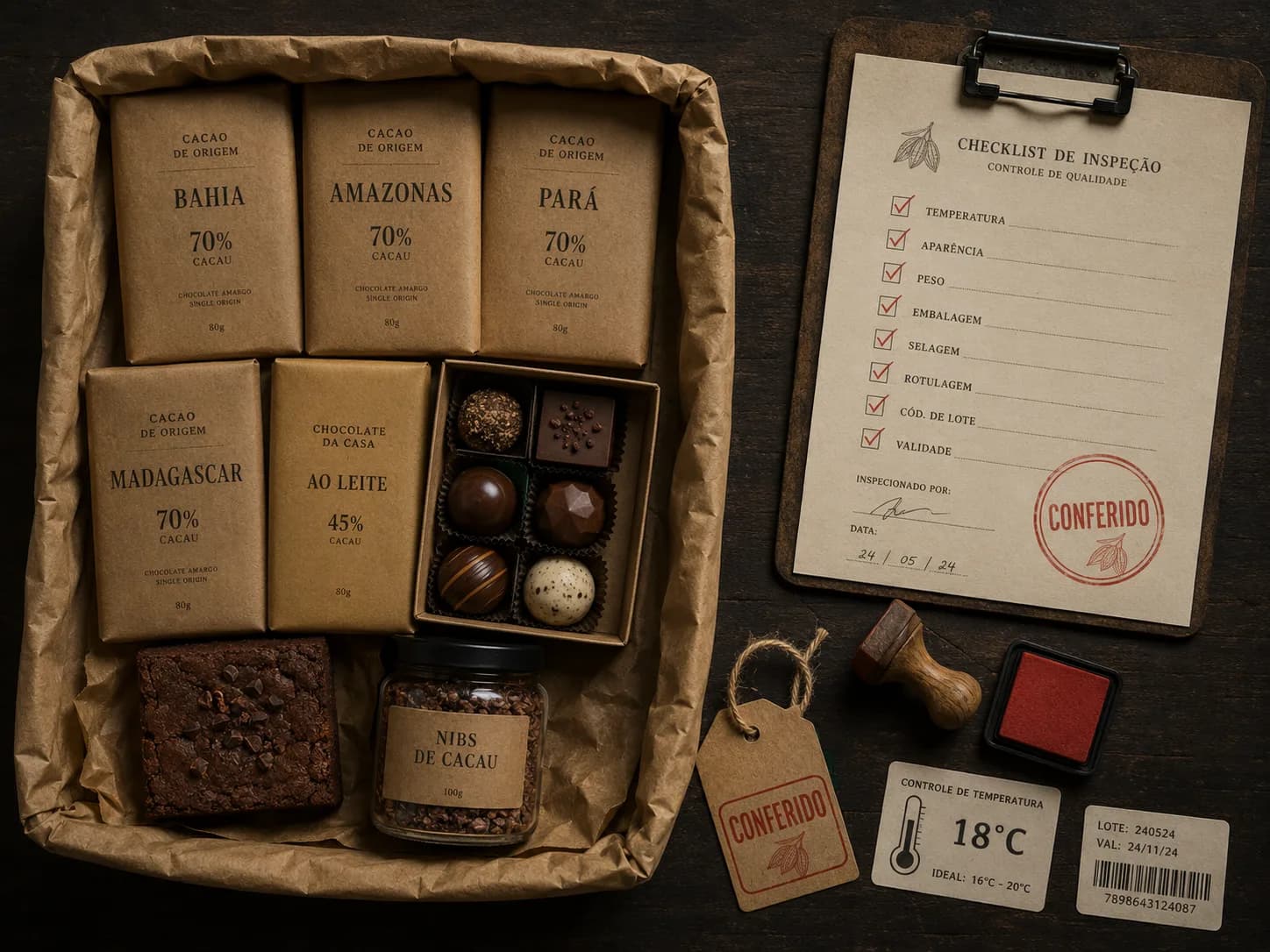 Cesta de chocolates artesanais embalada em papel pardo com lacre