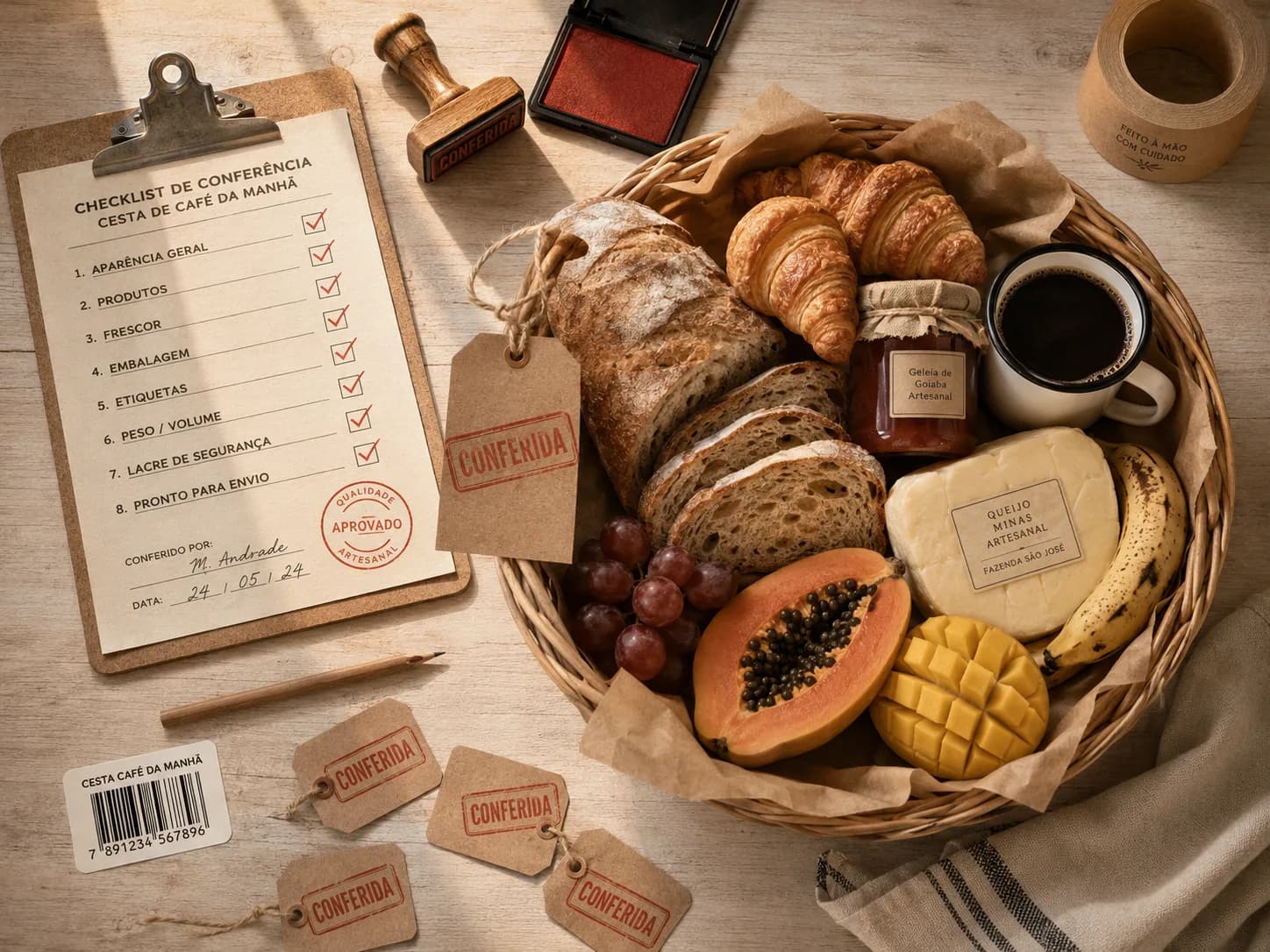 Cesta de café da manhã sobre bancada kraft, com etiqueta de inspeção e carimbo