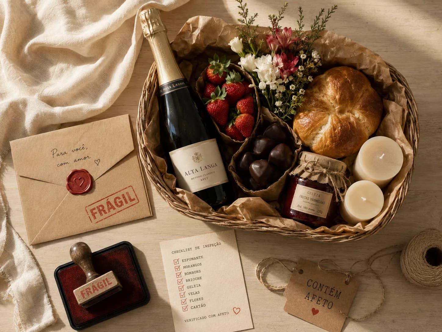 Cesta com vinho tinto, queijo curado, salame artesanal e tábua de madeira